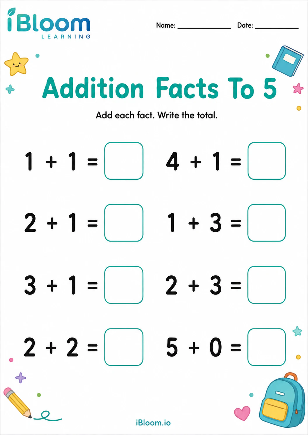 Preview of Addition Facts To 5 worksheet