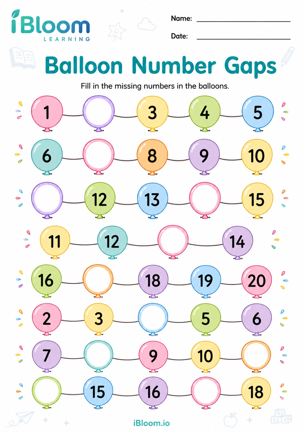 Preview page 1 of Balloon Number Gaps