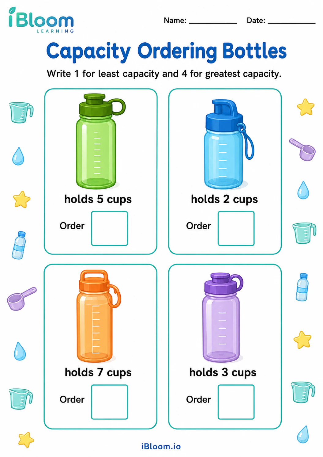 Preview of Capacity Ordering Bottles worksheet