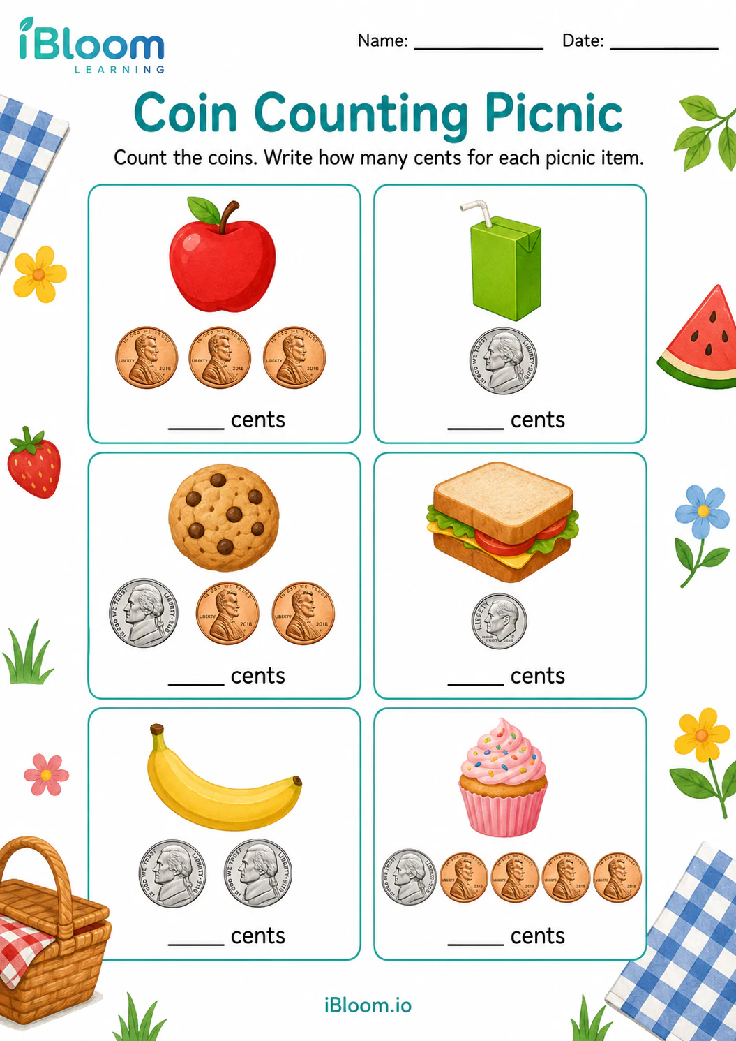 Preview of Coin Counting Picnic worksheet