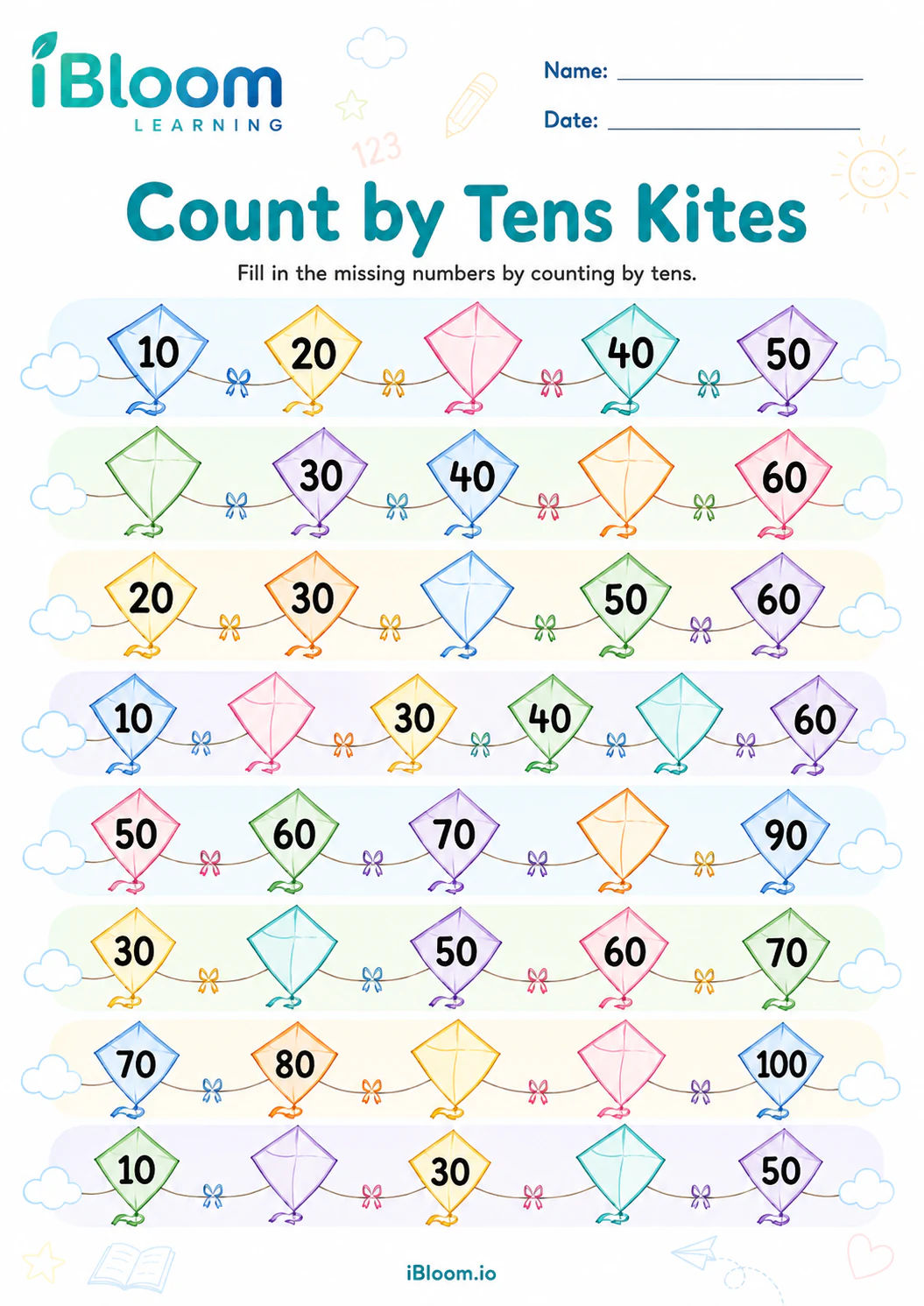 Preview of Count by Tens Kites worksheet