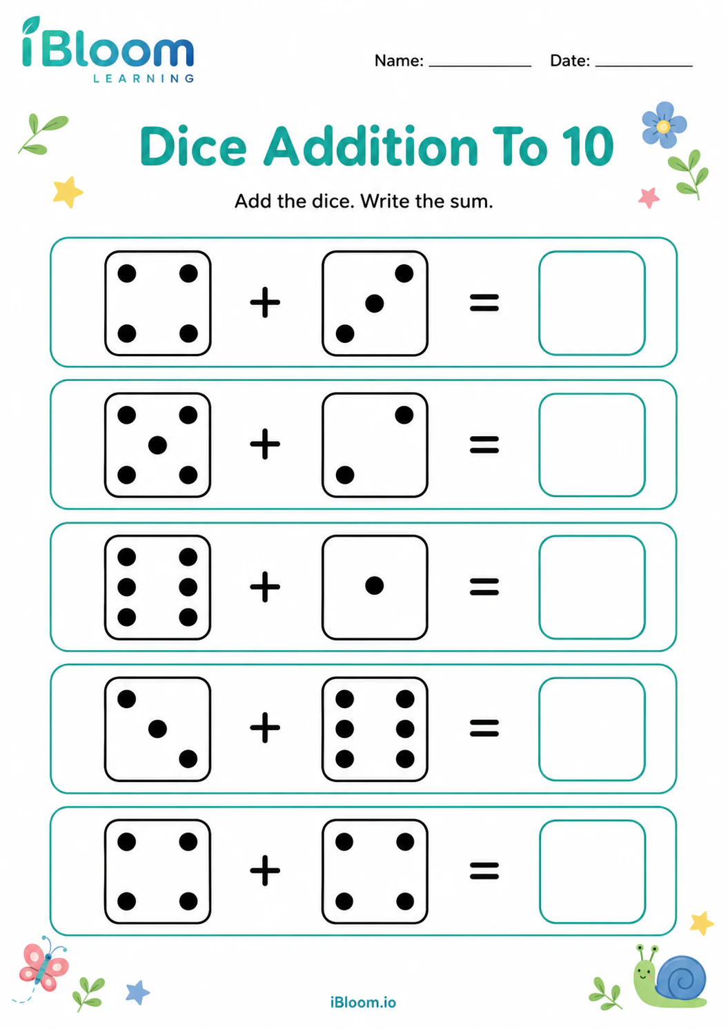 Preview page 1 of Dice Addition To 10
