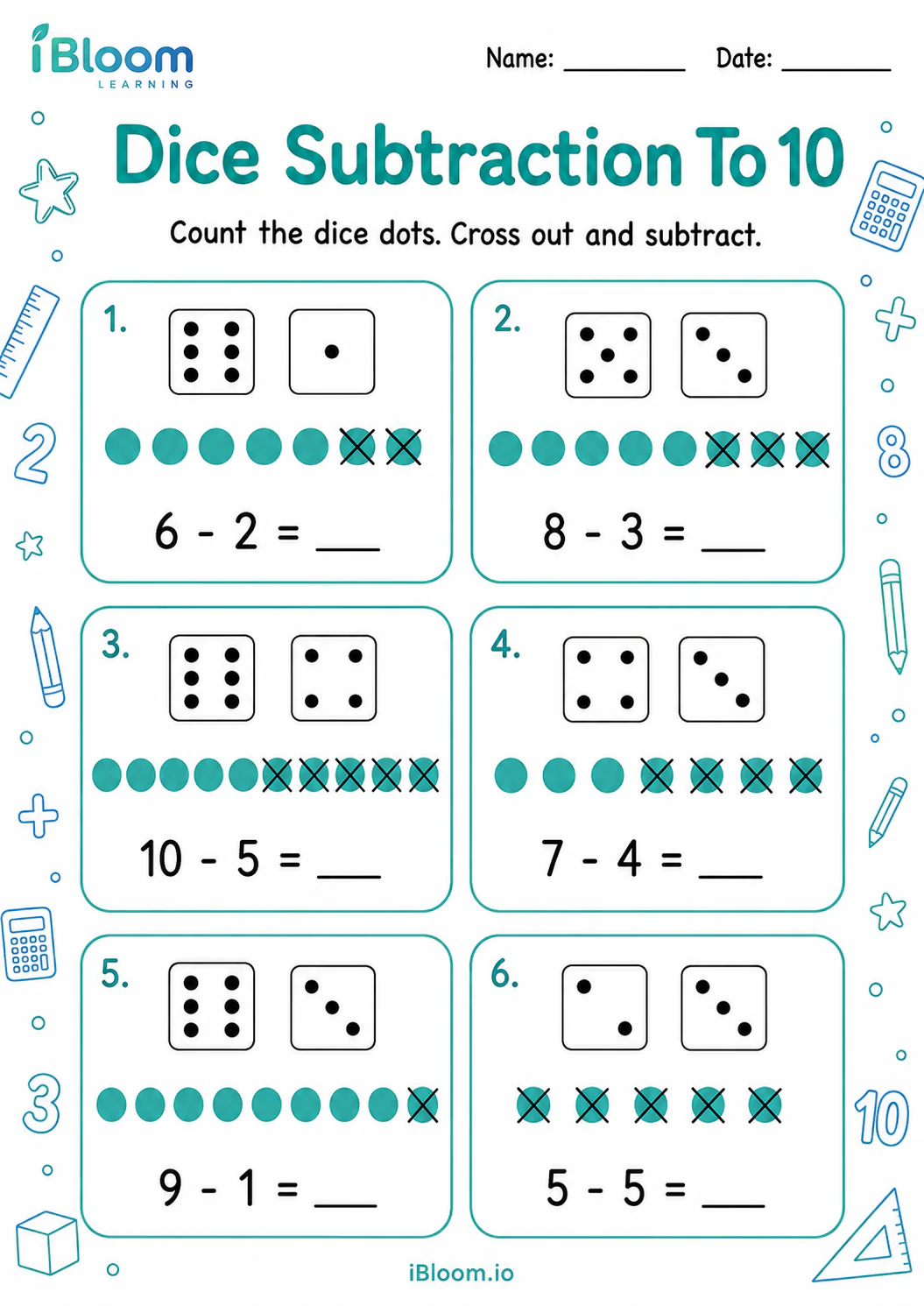 Preview page 1 of Dice Subtraction To 10