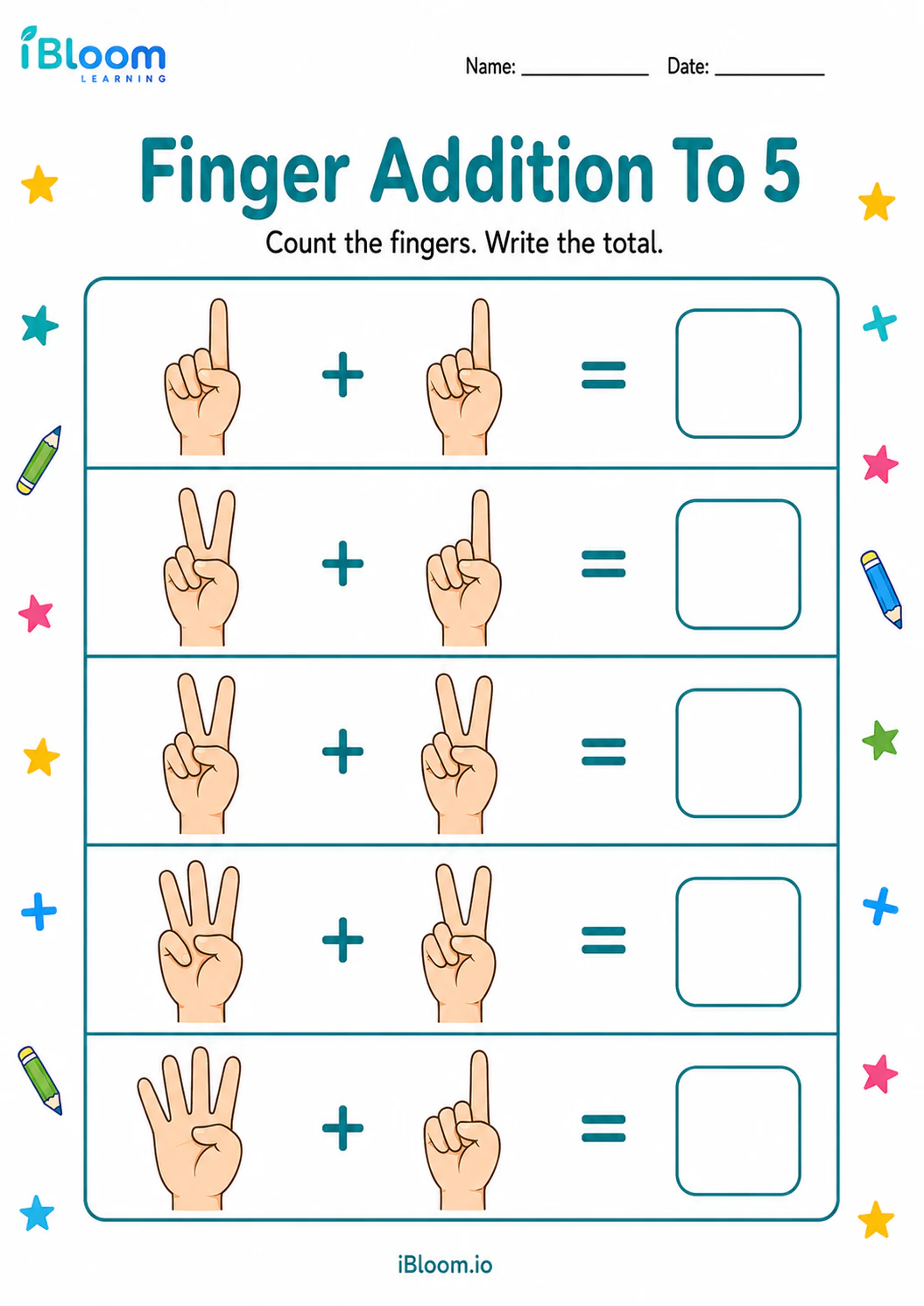 Preview page 1 of Finger Addition To 5