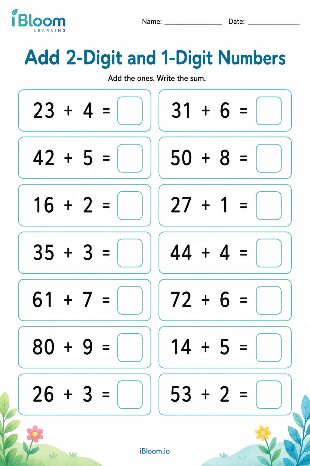 Preview page 1 of Add 2-Digit and 1-Digit Numbers