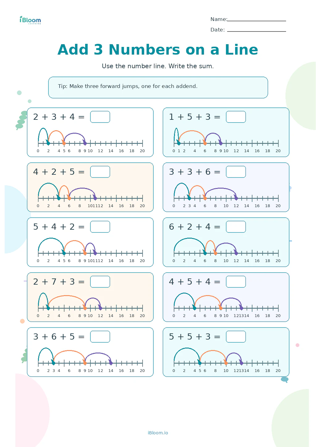 Add 3 Numbers on a Line Grade 1 worksheet preview