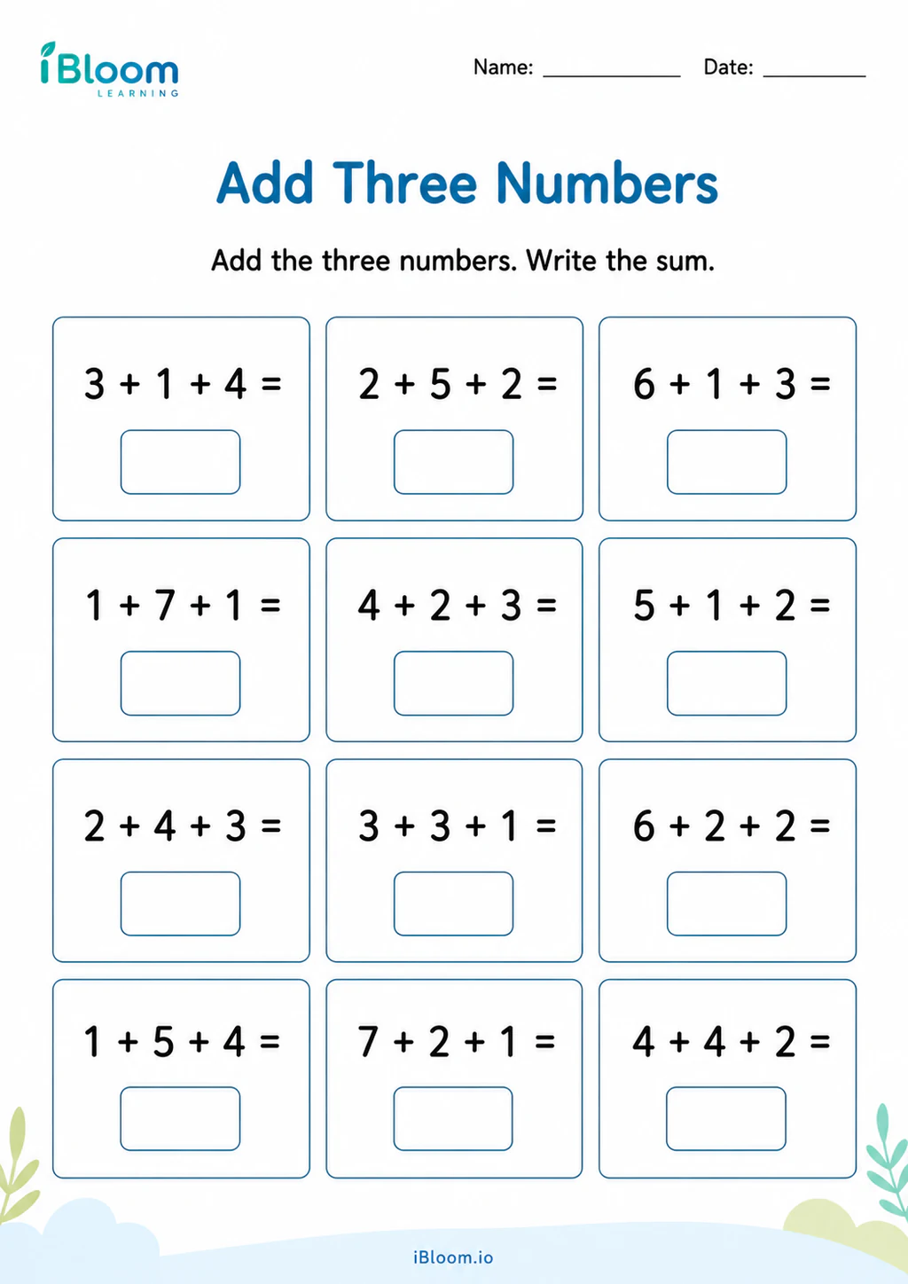 Add Three Numbers Grade 1 worksheet preview