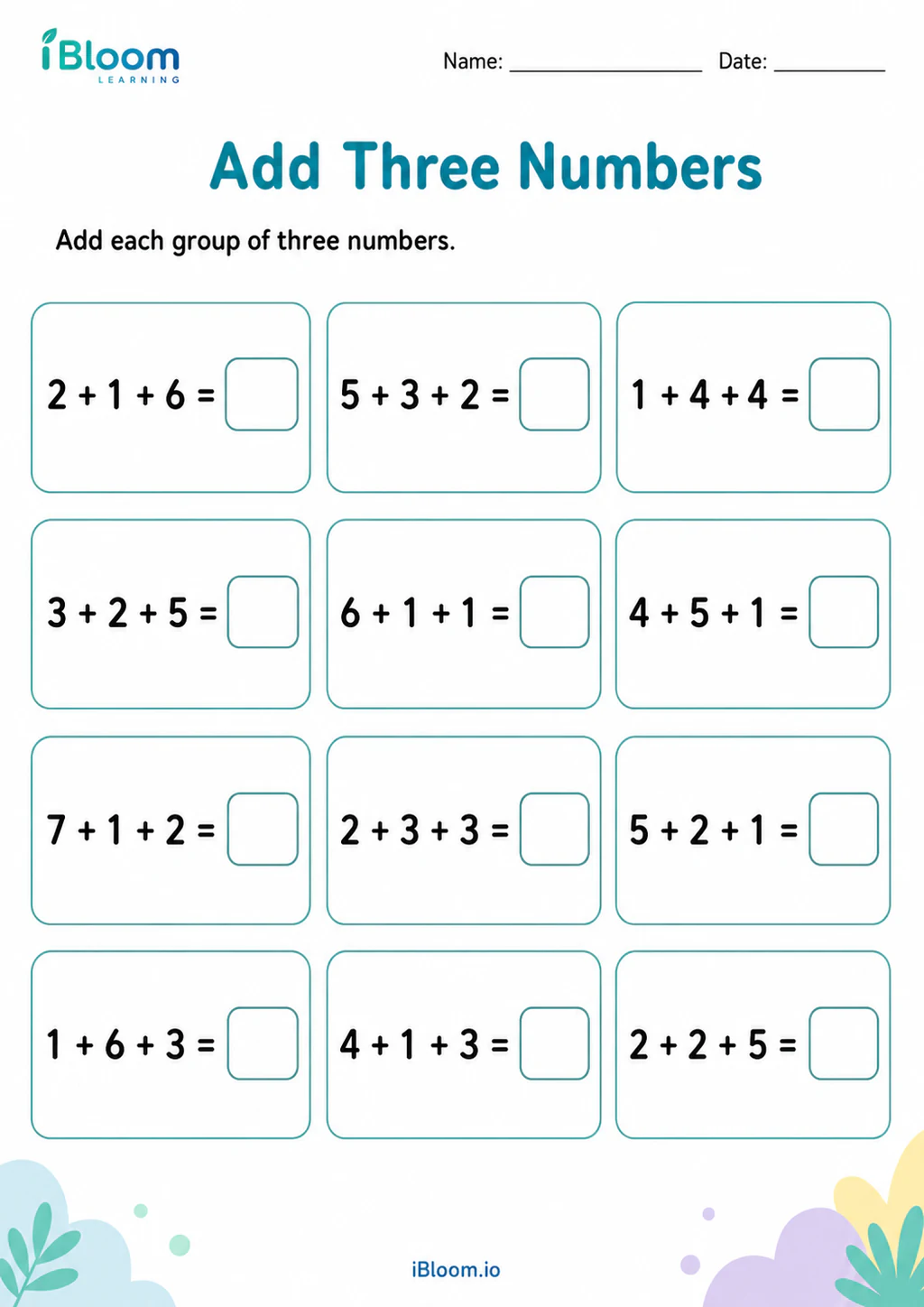 Preview of Add Three Numbers worksheet