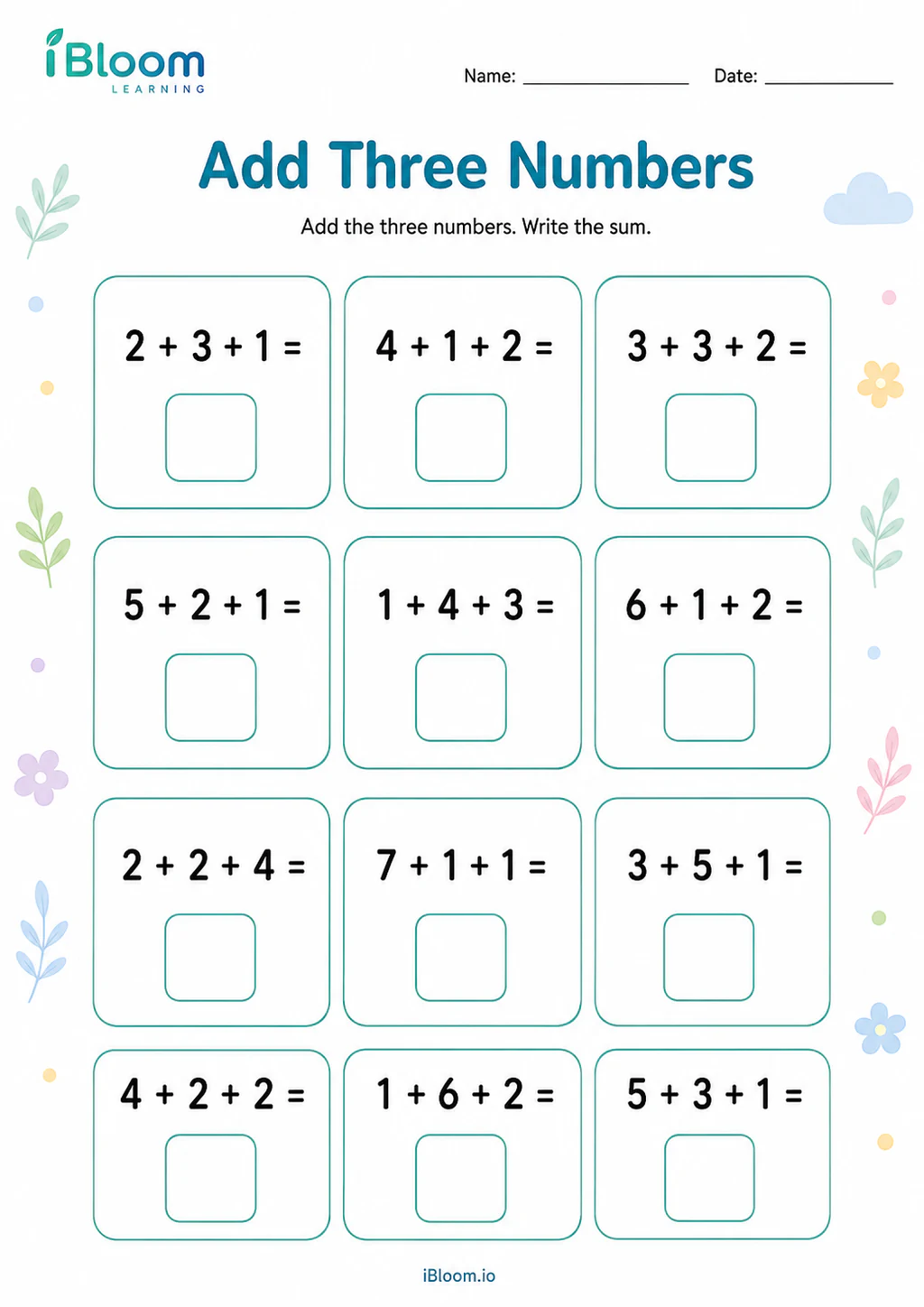 Add Three Numbers Grade 1 math worksheet preview