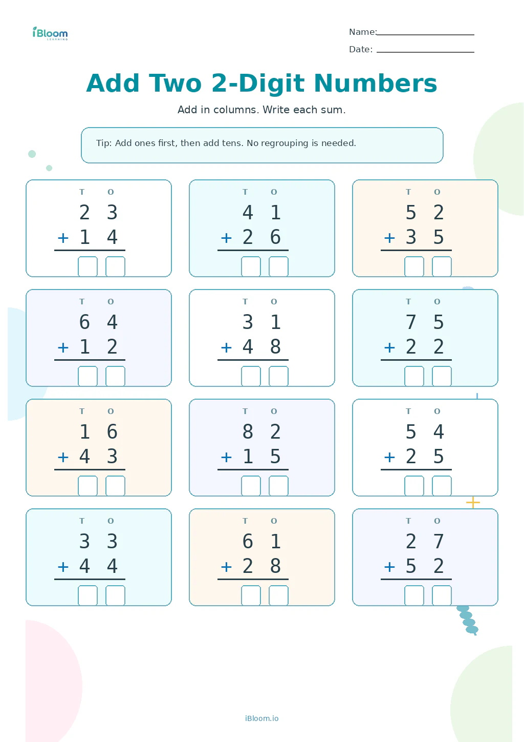 Add Two 2-Digit Numbers Grade 1 worksheet preview