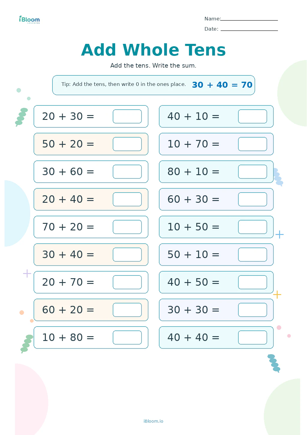 Add Whole Tens Grade 1 worksheet preview