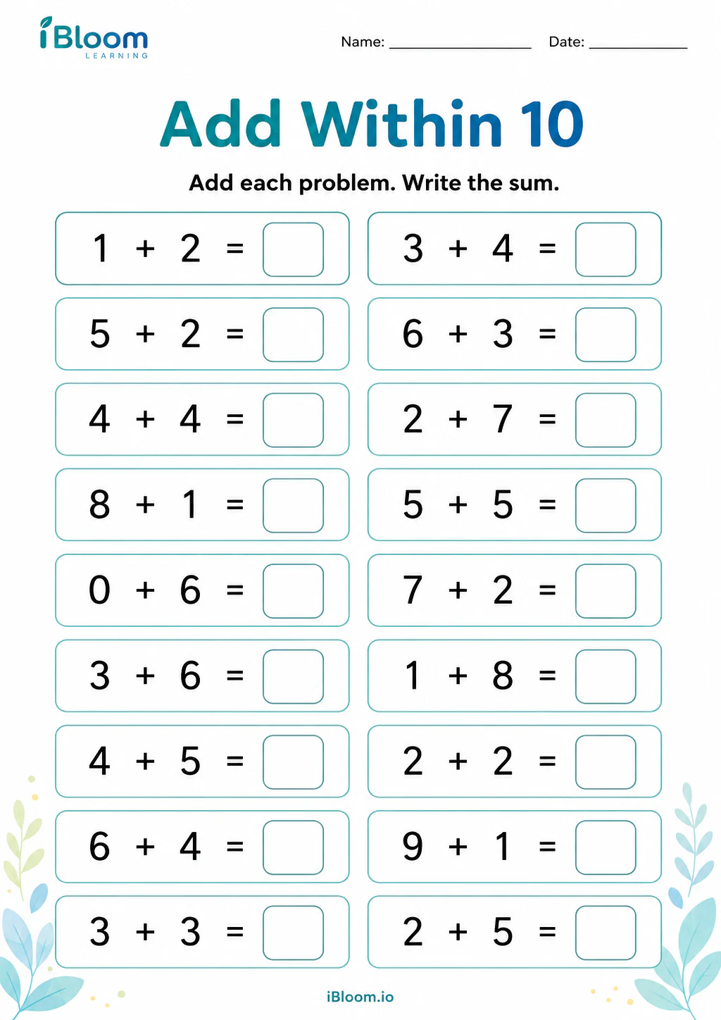 Add Within 10 Grade 1 worksheet preview