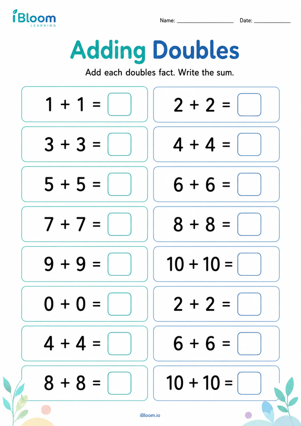 Adding Doubles Grade 1 worksheet preview