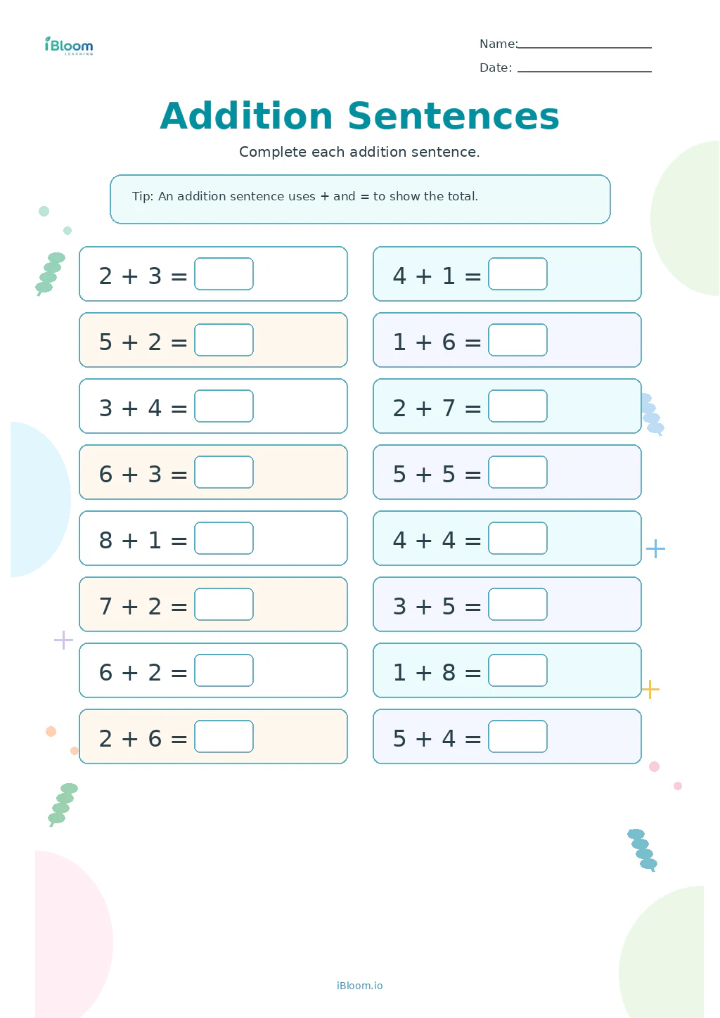 Addition Sentences Grade 1 worksheet preview