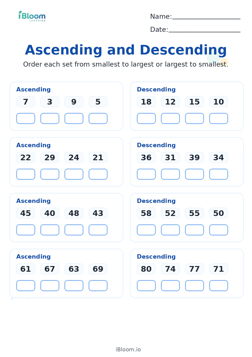Ascending and Descending Grade 1 worksheet preview