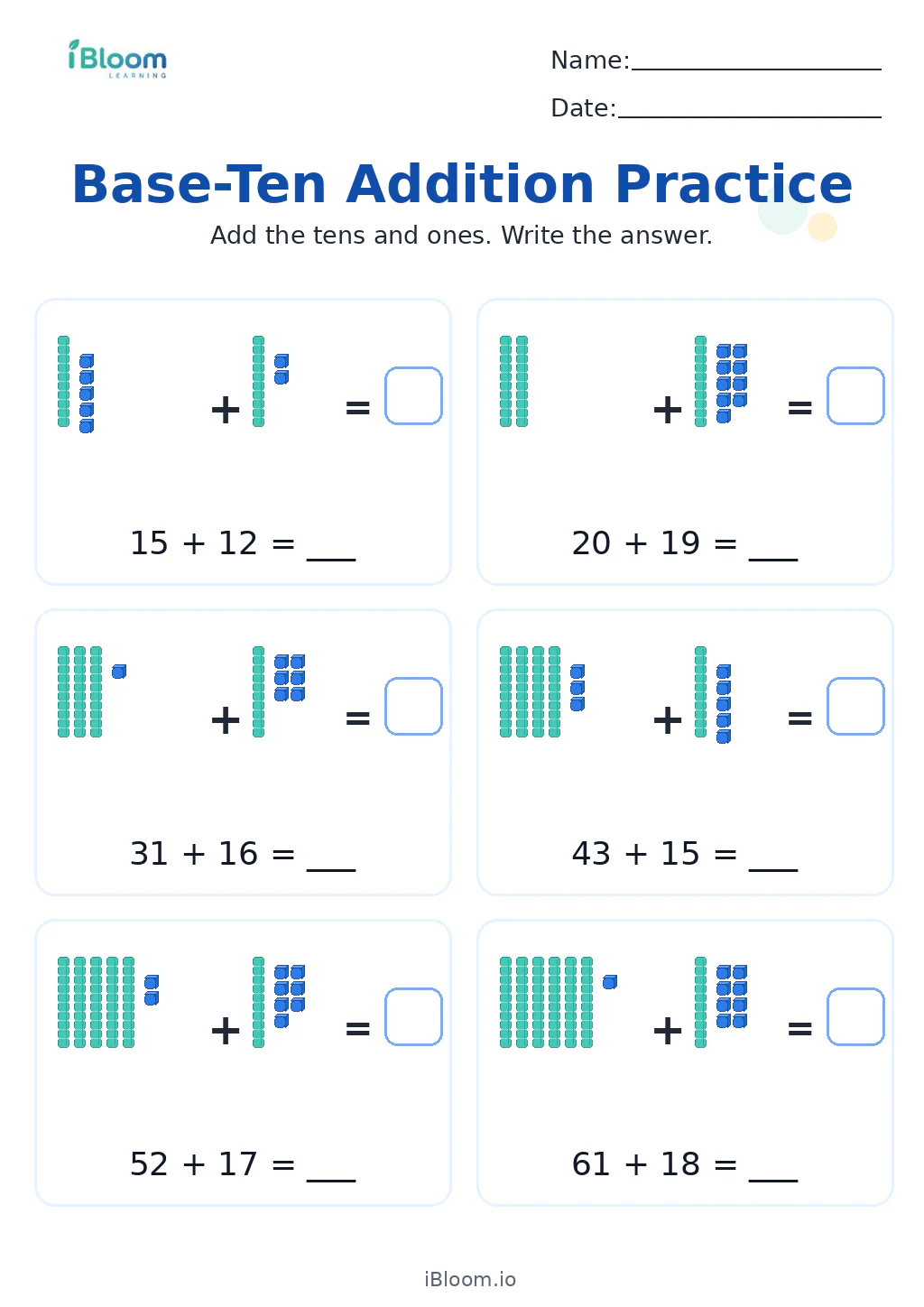 Base-Ten Addition Practice Grade 1 worksheet preview