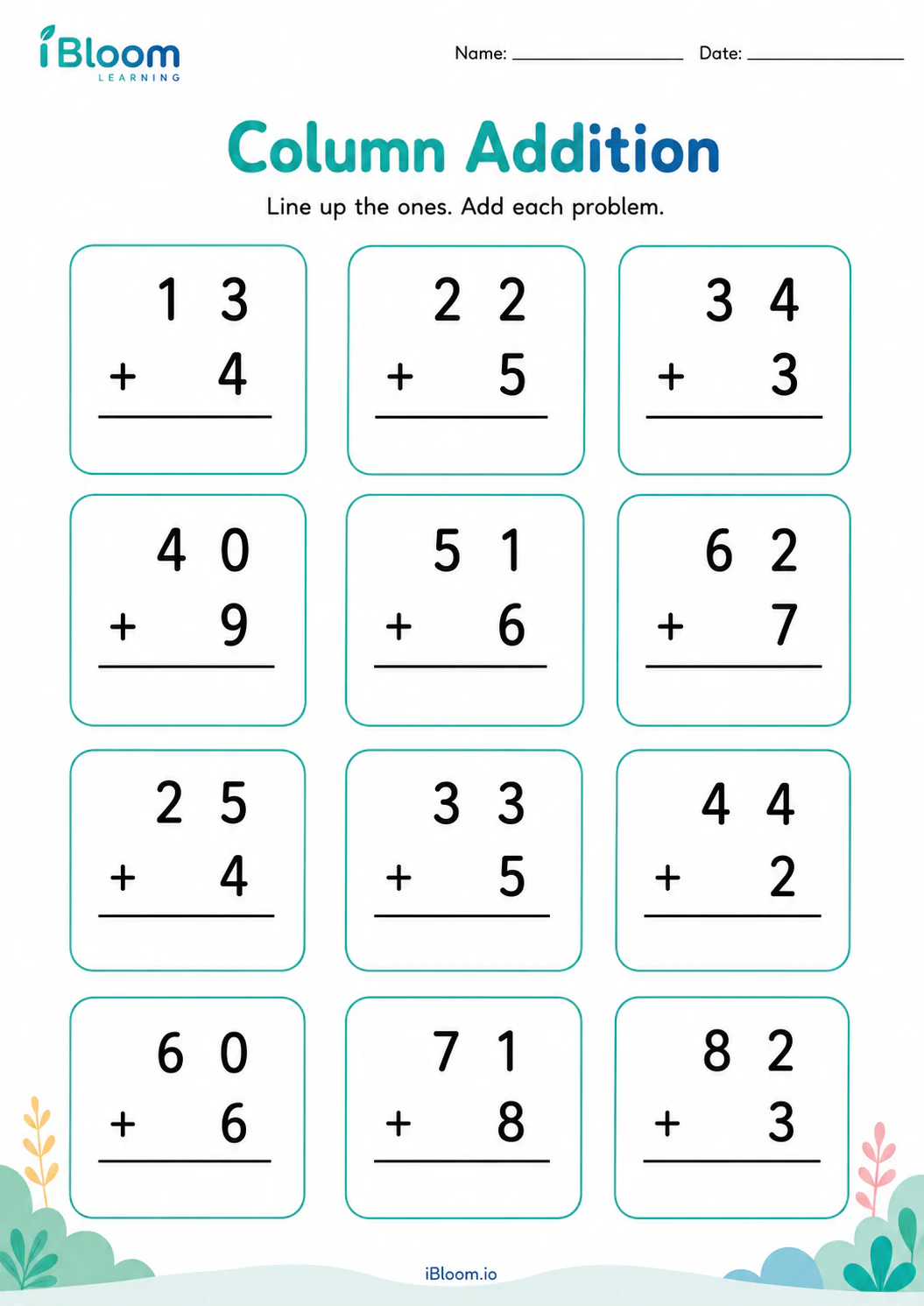 Column Addition: 2-Digit + 1-Digit Grade 1 worksheet preview