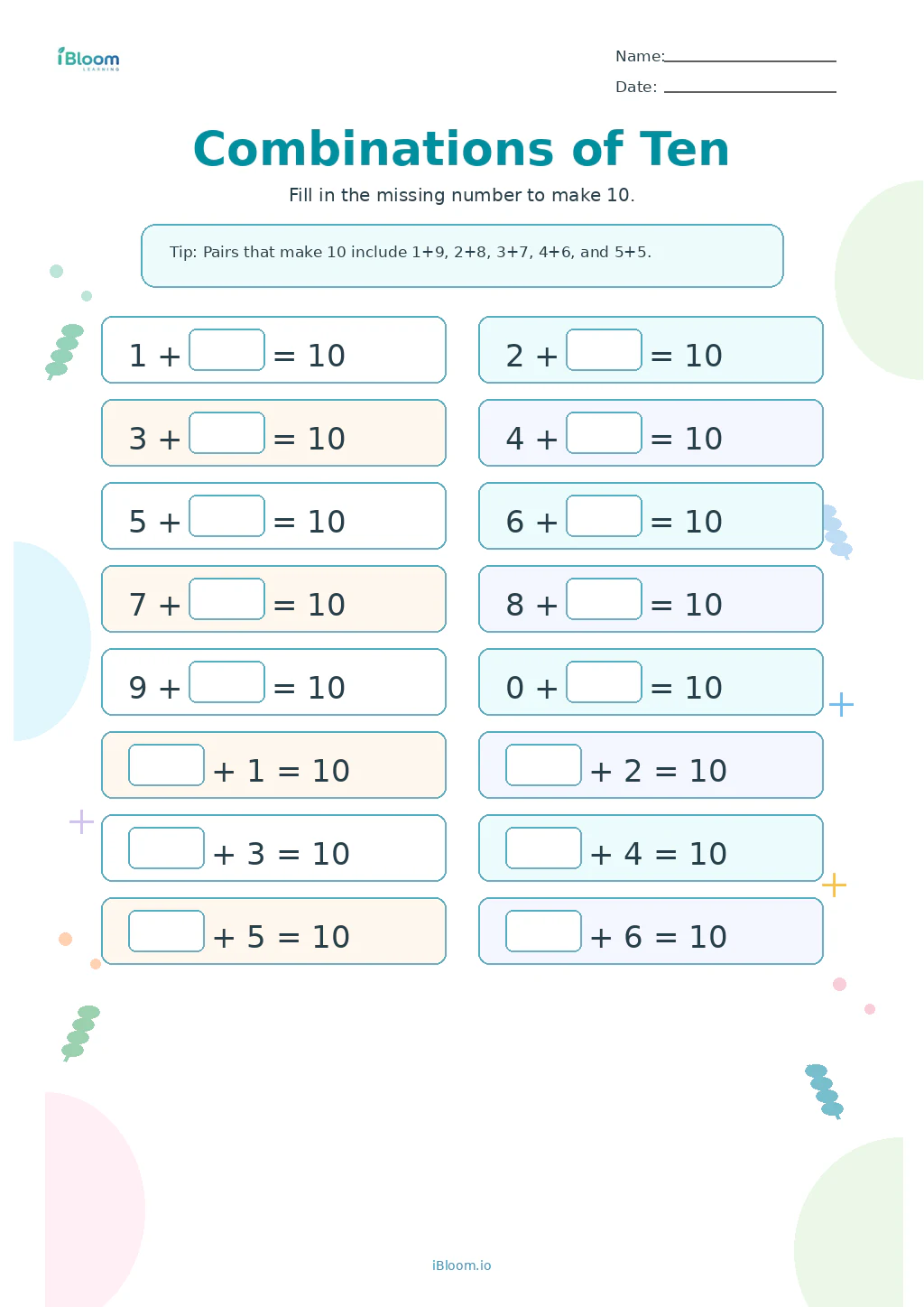 Combinations of Ten Grade 1 worksheet preview