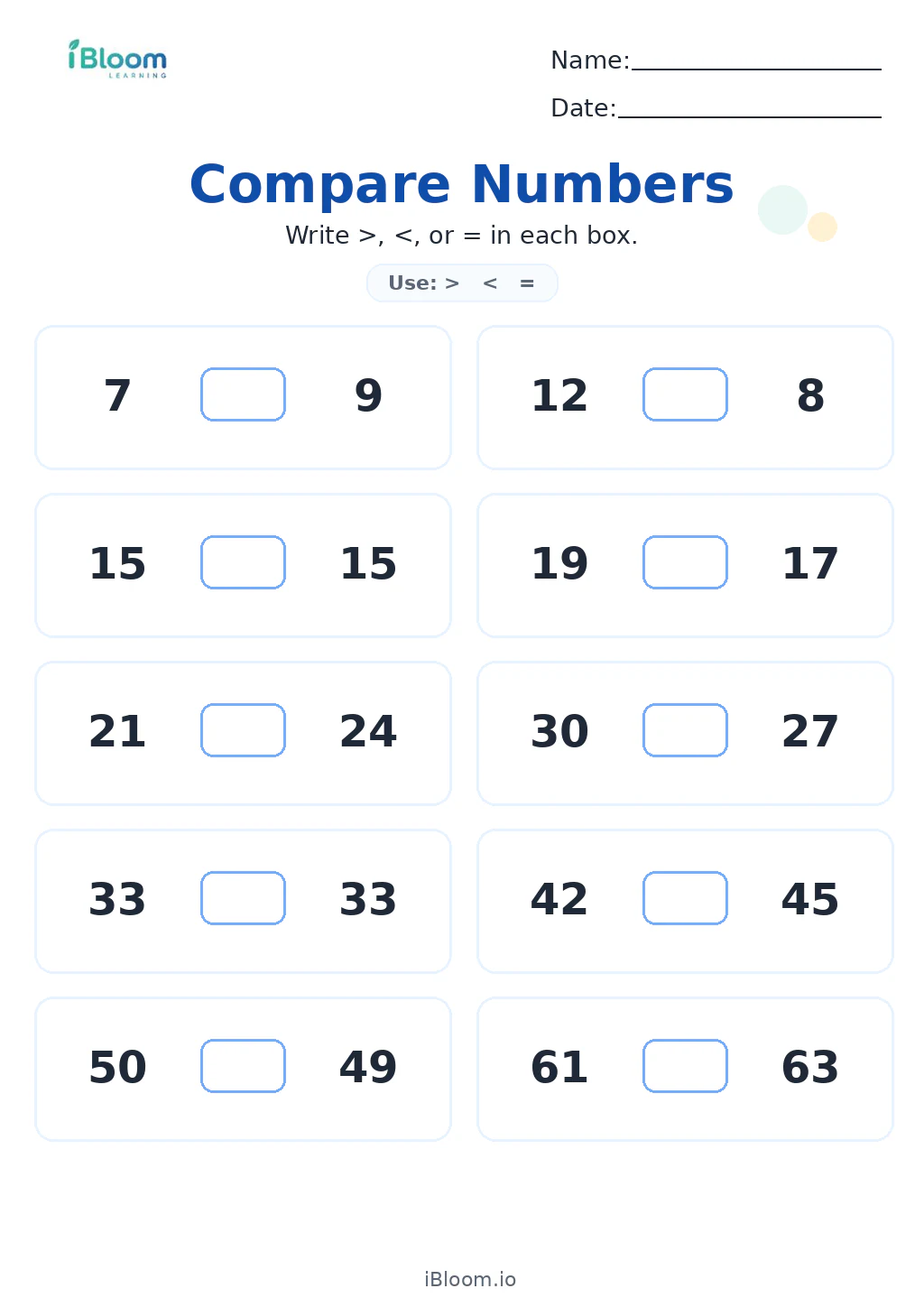 Compare Numbers Grade 1 worksheet preview