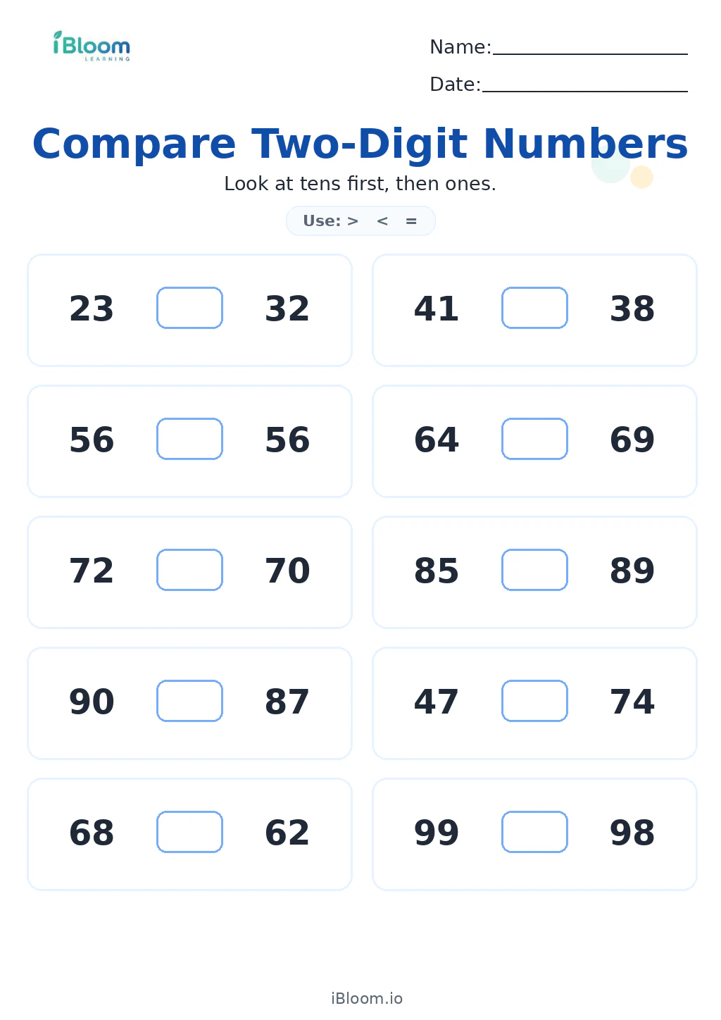 Compare Two-Digit Numbers Grade 1 worksheet preview
