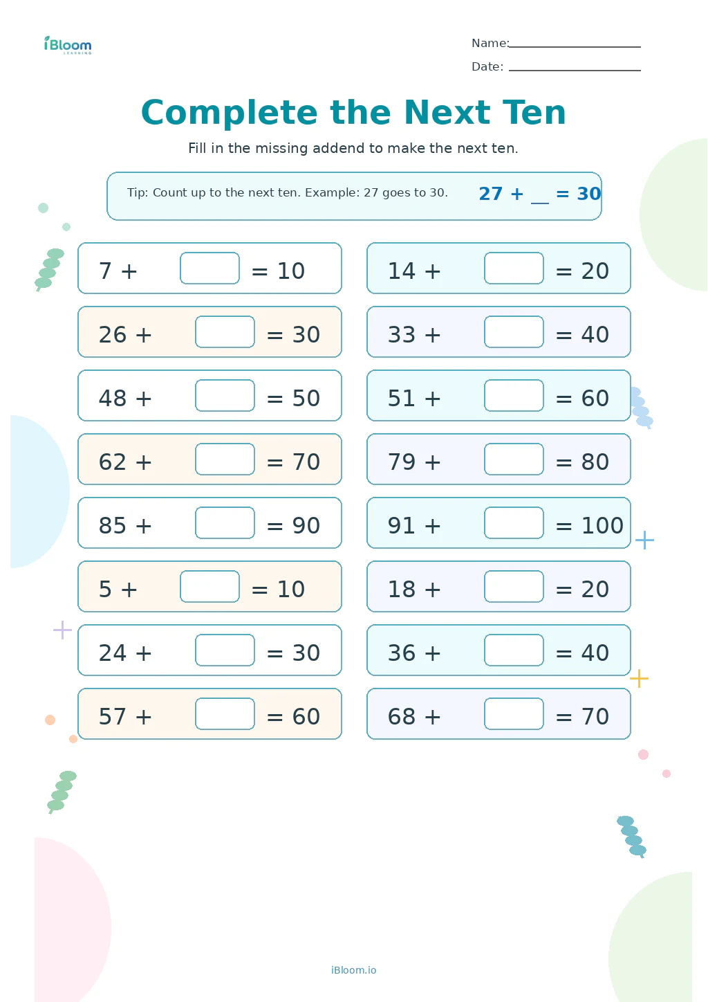 Complete the Next Ten Grade 1 worksheet preview