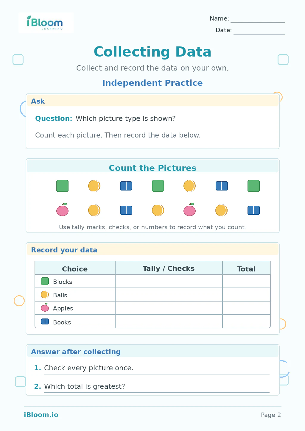 Collecting Data — Independent Practice worksheet page 2