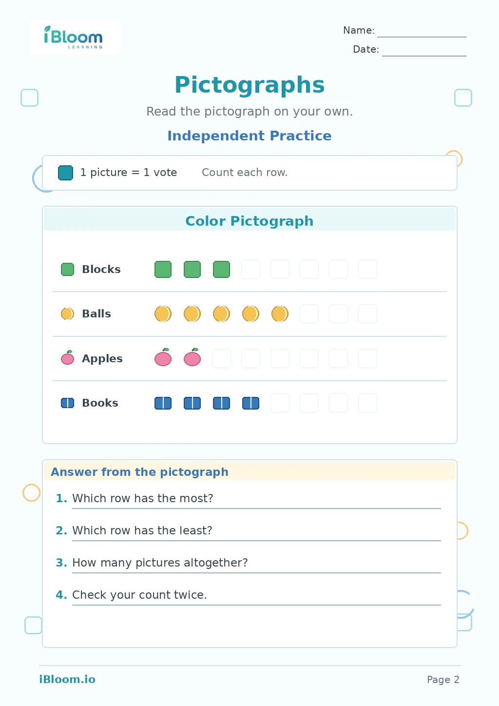 Pictographs — Independent Practice worksheet page 2
