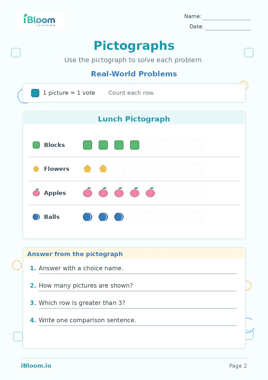 Pictographs — Real-World Problems worksheet page 2