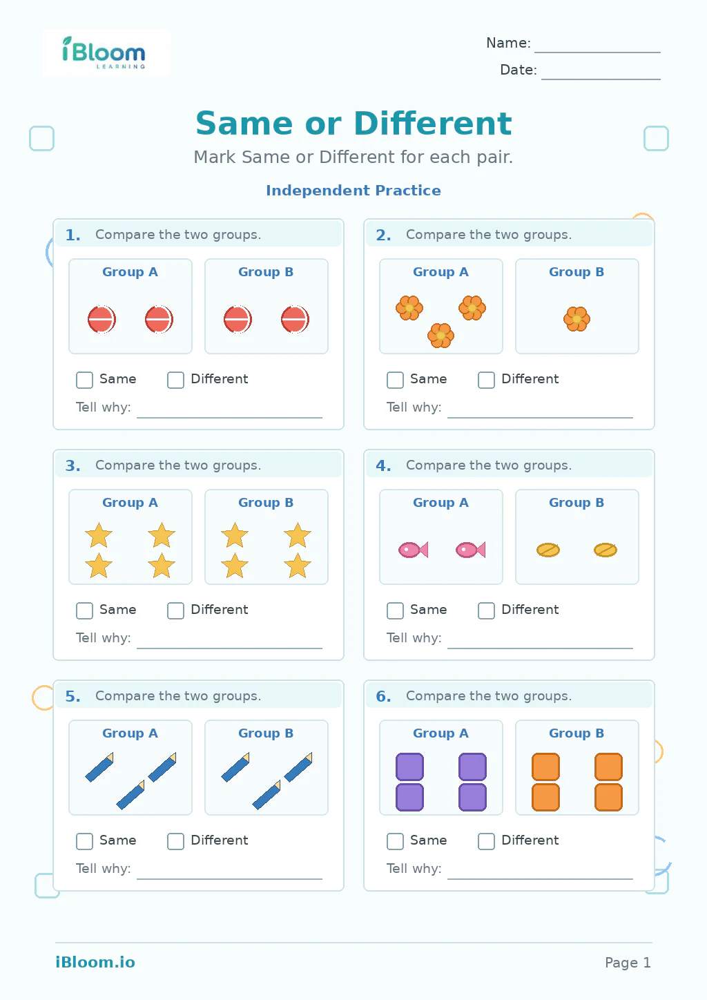 Preview of Same Different — Independent Practice worksheet