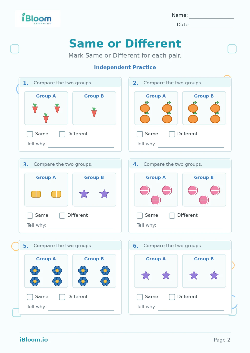 Same Different — Independent Practice worksheet page 2