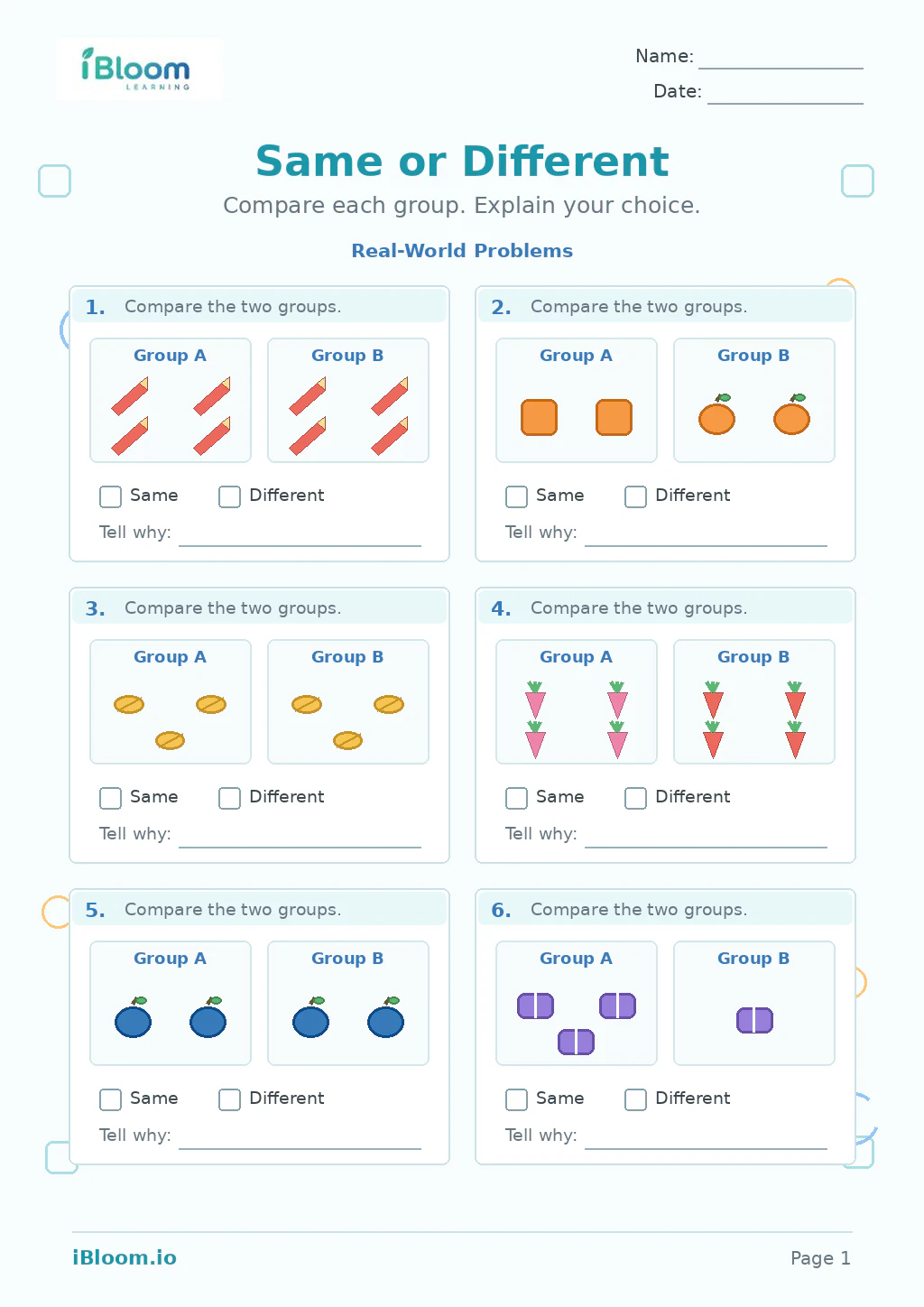 Preview of Same Different — Real-World Problems worksheet