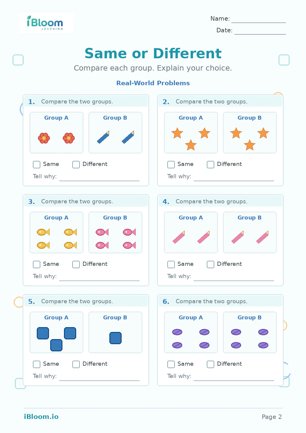 Same Different — Real-World Problems worksheet page 2