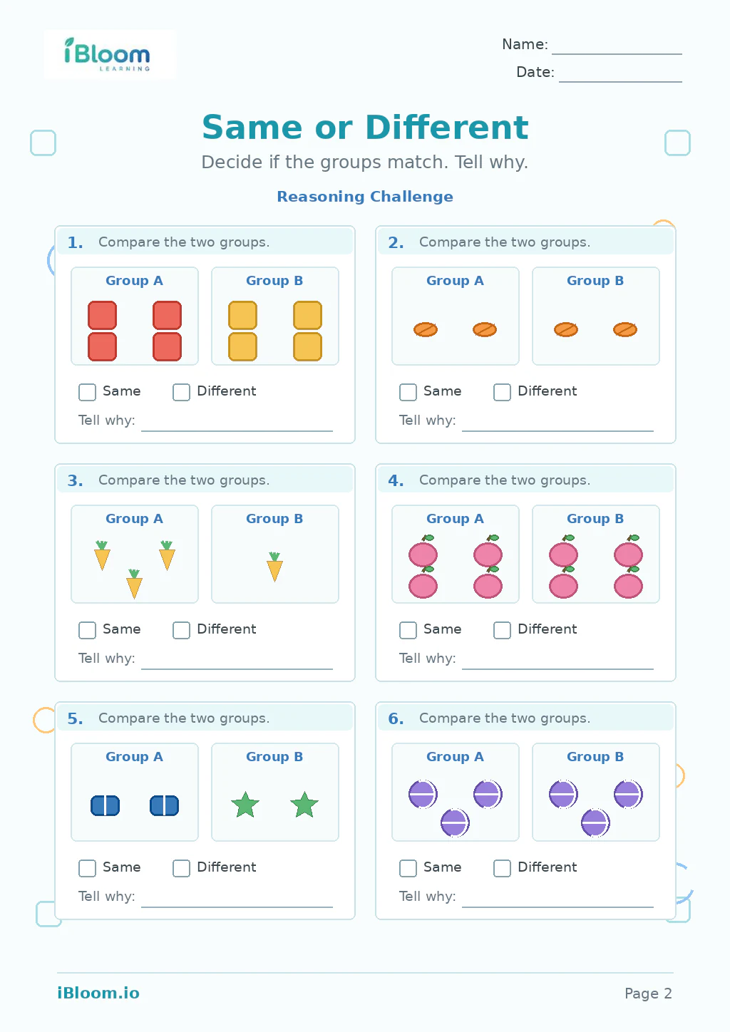 Same Different — Reasoning Challenge worksheet page 2