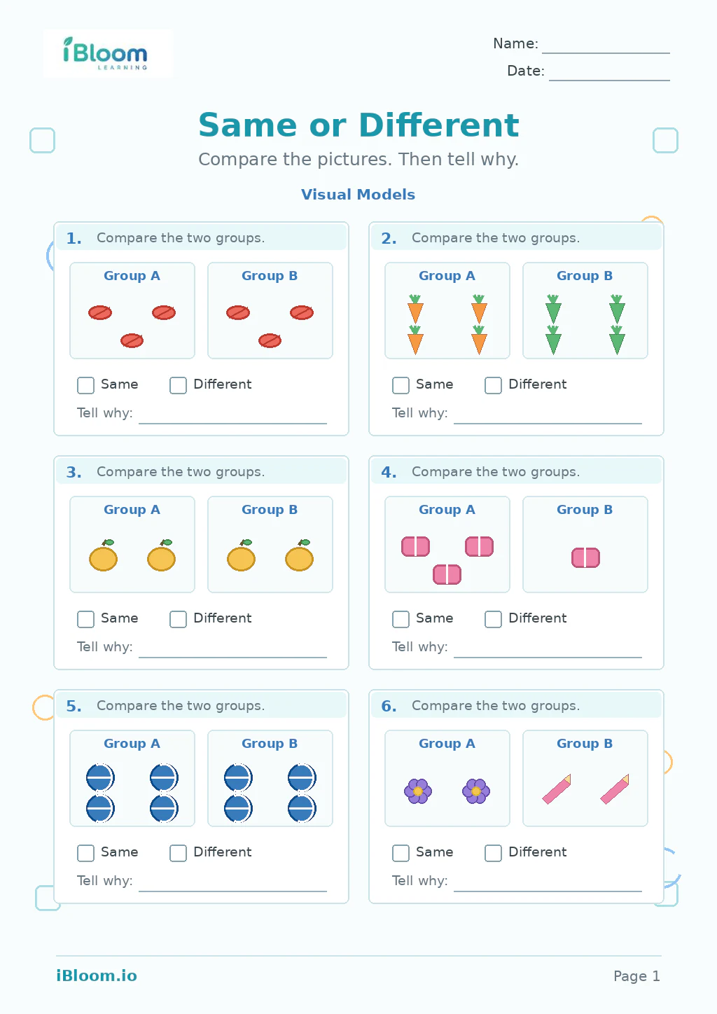 Preview of Same Different — Visual Models worksheet