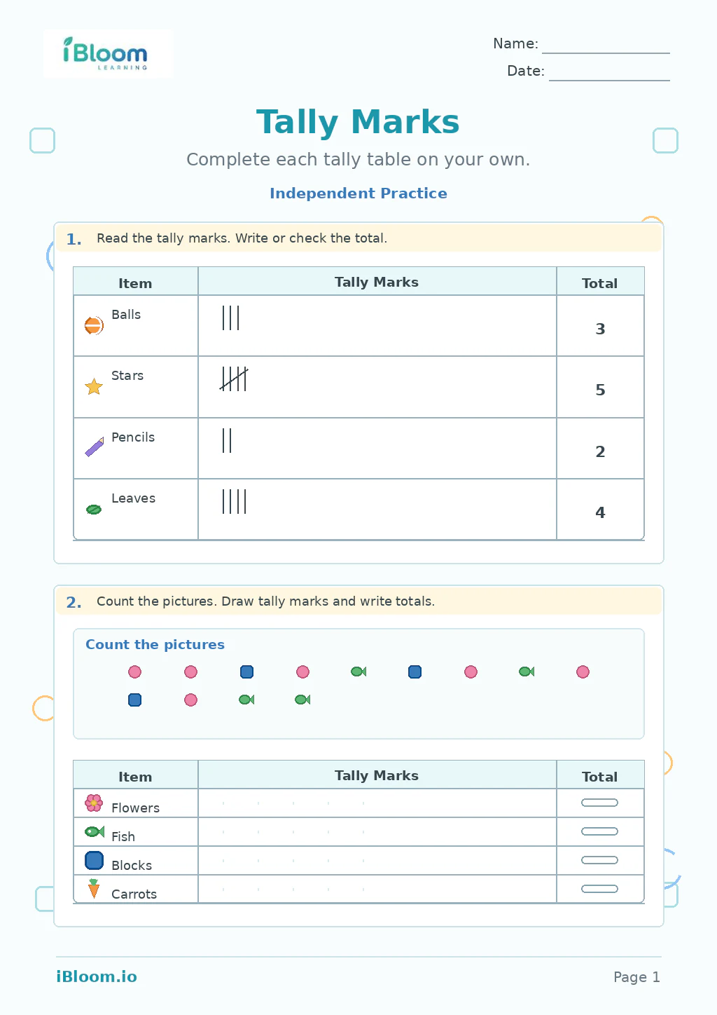 Preview page 1 of Tally Marks — Independent Practice