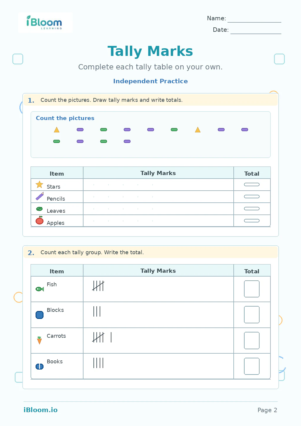 Tally Marks — Independent Practice worksheet page 2