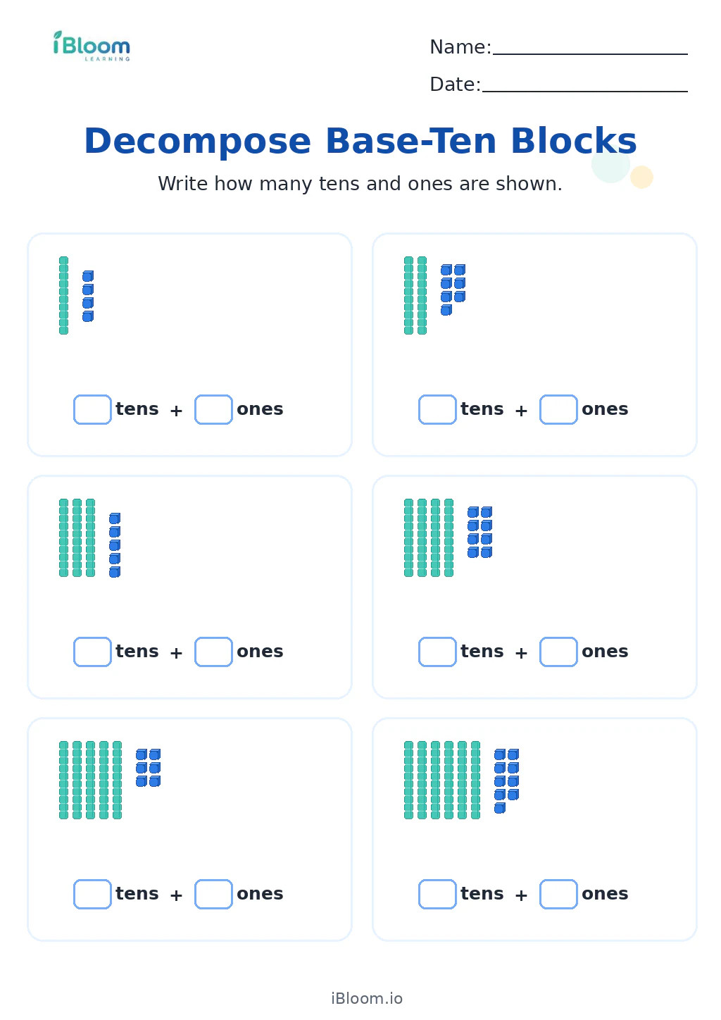 Decompose Base-Ten Blocks Grade 1 worksheet preview