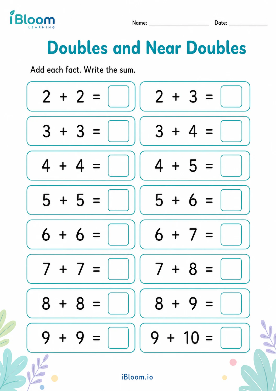 Doubles and Near Doubles Grade 1 math worksheet preview