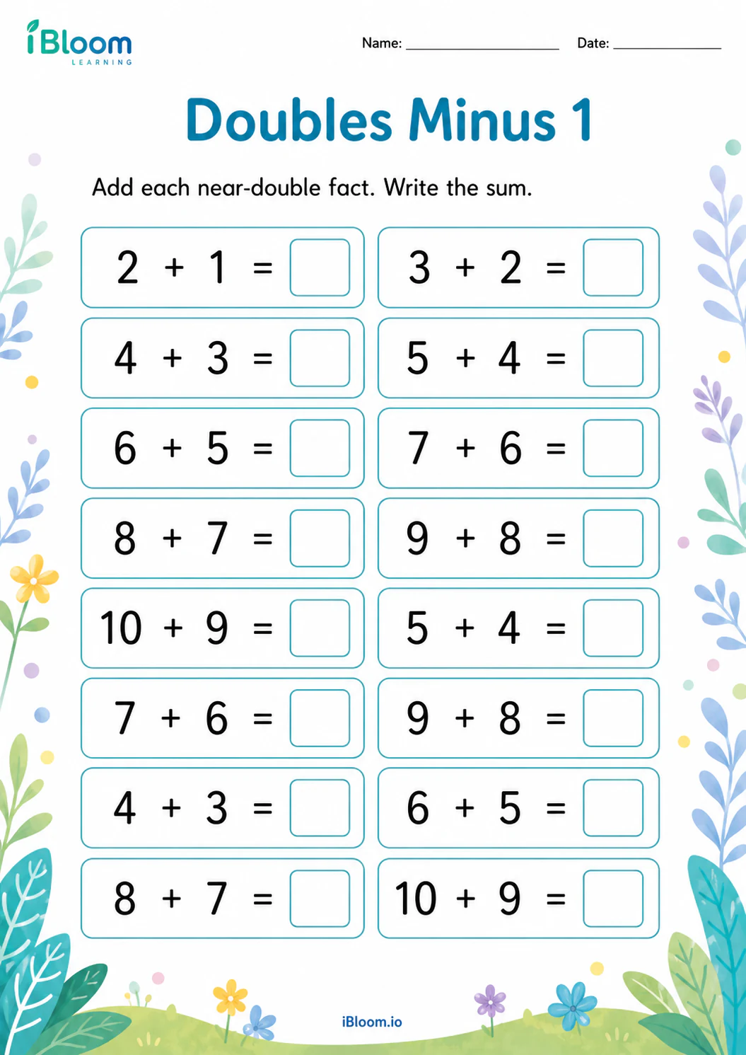 Doubles Minus 1 Grade 1 worksheet preview