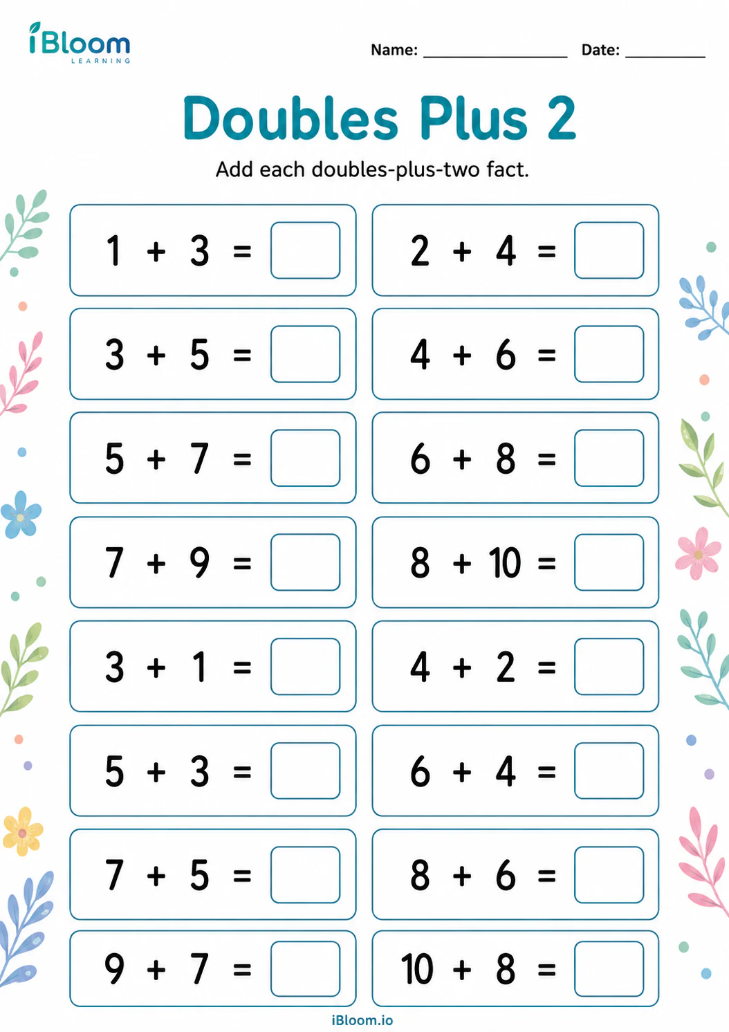 Doubles Plus 2 Grade 1 worksheet preview