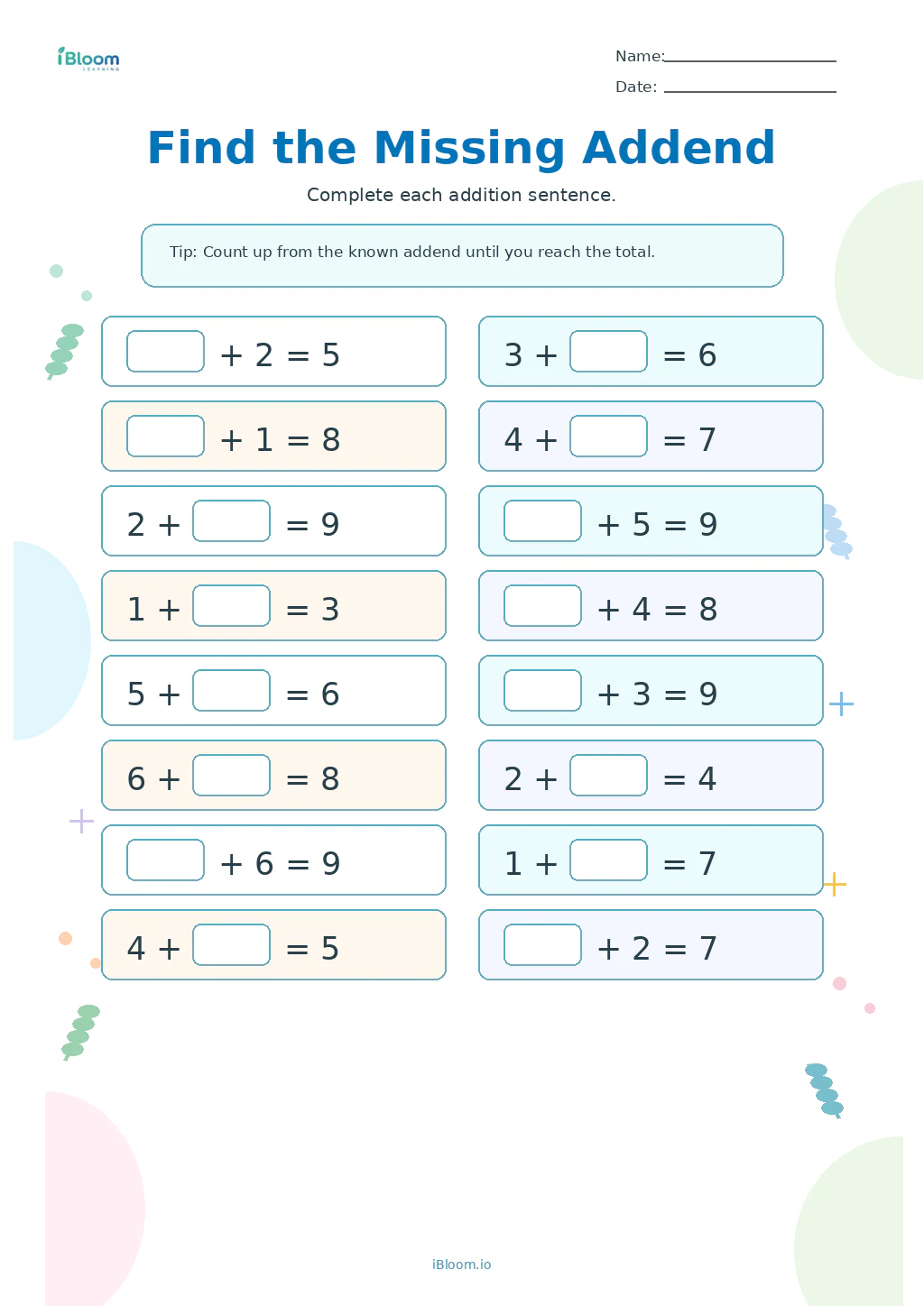 Find the Missing Addend Grade 1 worksheet preview