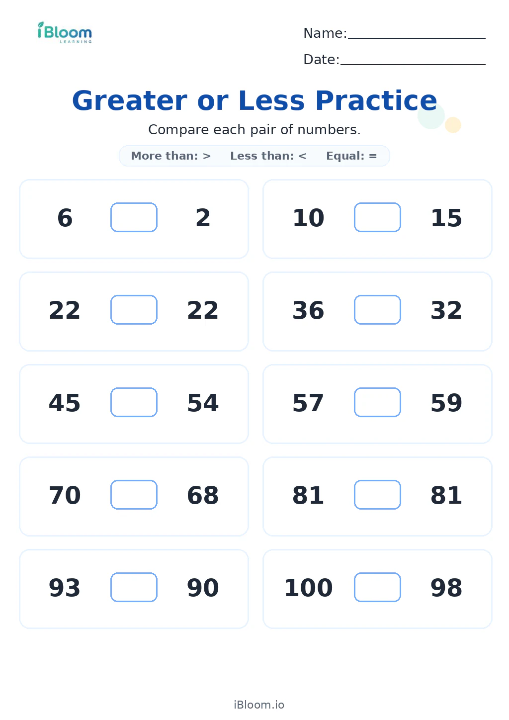 Greater or Less Practice Grade 1 worksheet preview