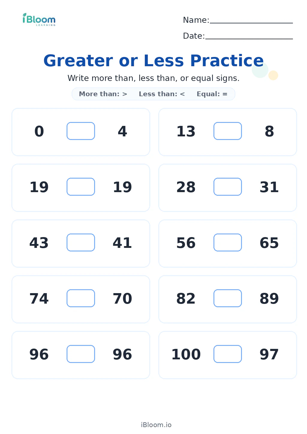 Preview page 1 of Greater or Less Practice