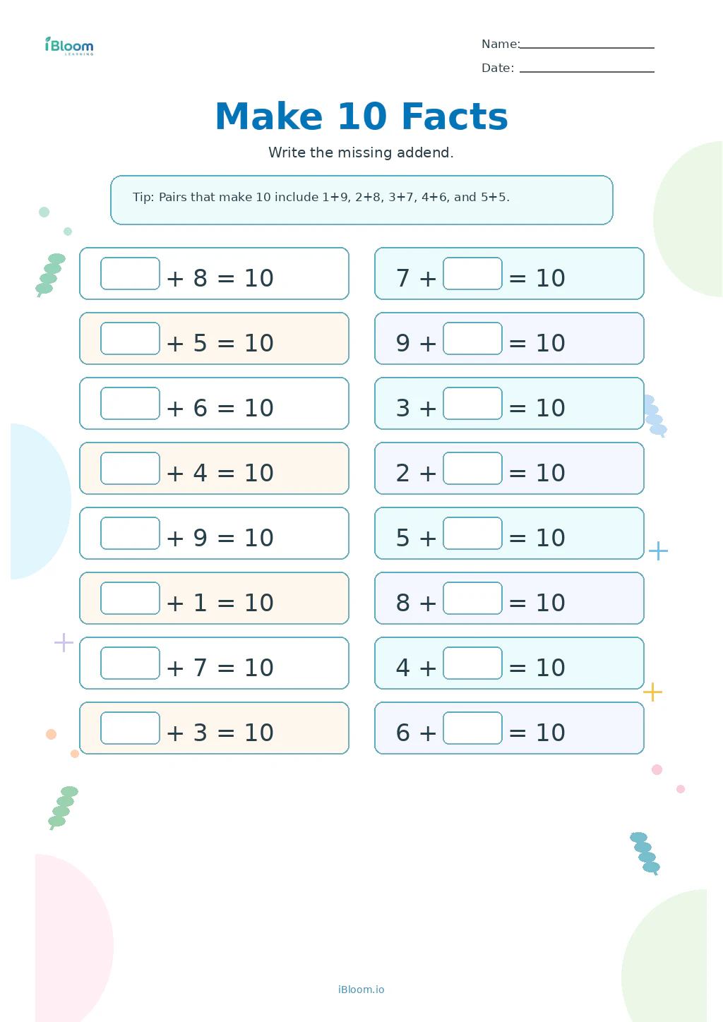 Make 10 Facts Grade 1 worksheet preview