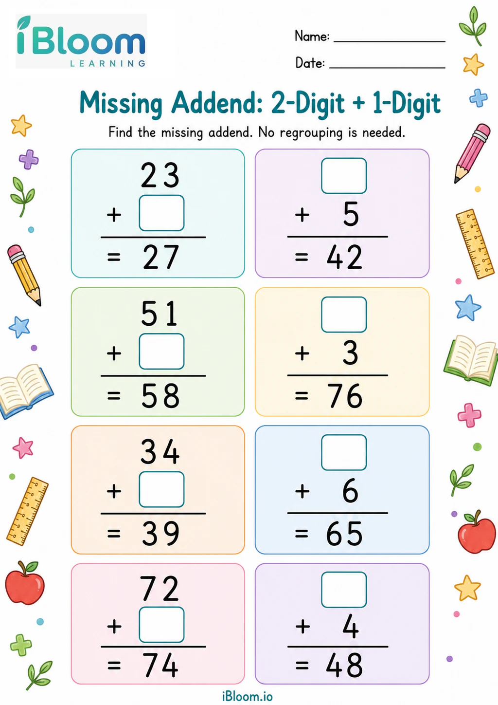 Missing Addend: 2-Digit + 1-Digit Grade 1 worksheet preview