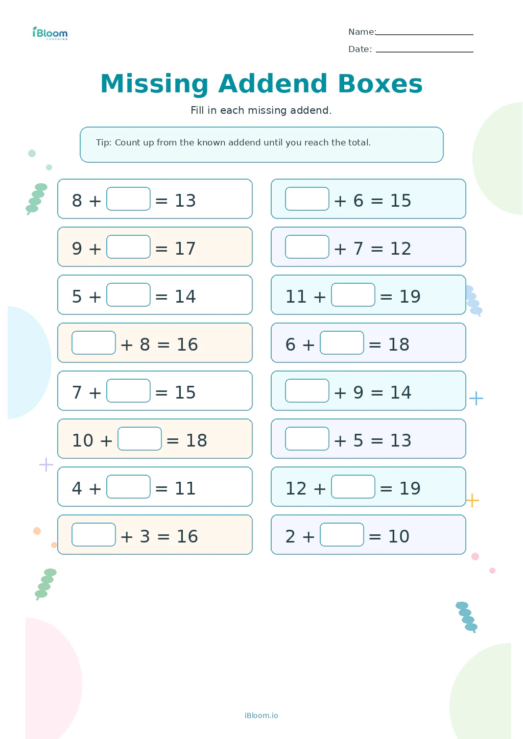Missing Addend Boxes Grade 1 math worksheet preview