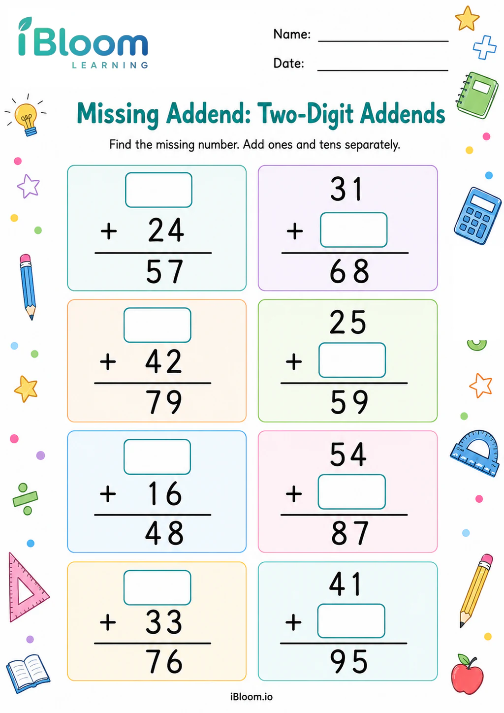 Preview page 1 of Missing Addend: Two-Digit Addends