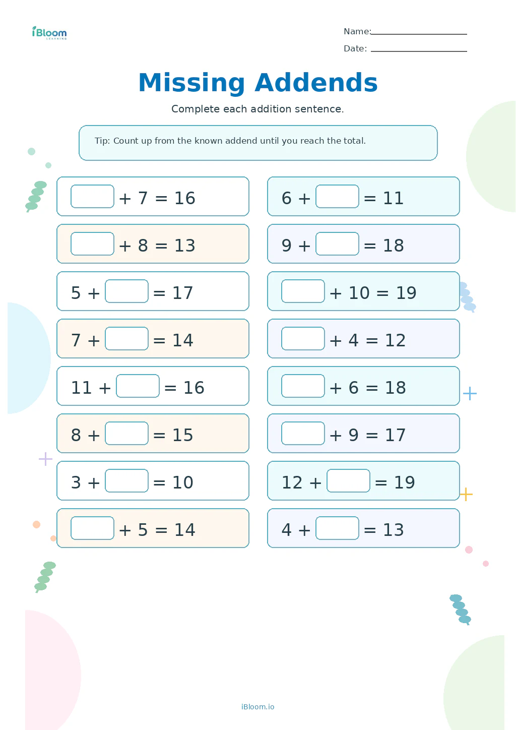 Missing Addends Grade 1 worksheet preview