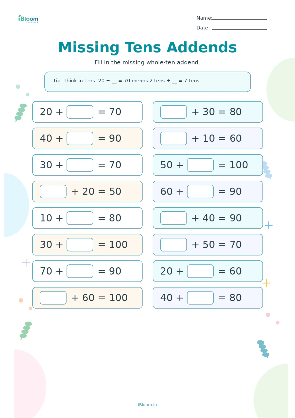 Missing Tens Addends Grade 1 worksheet preview
