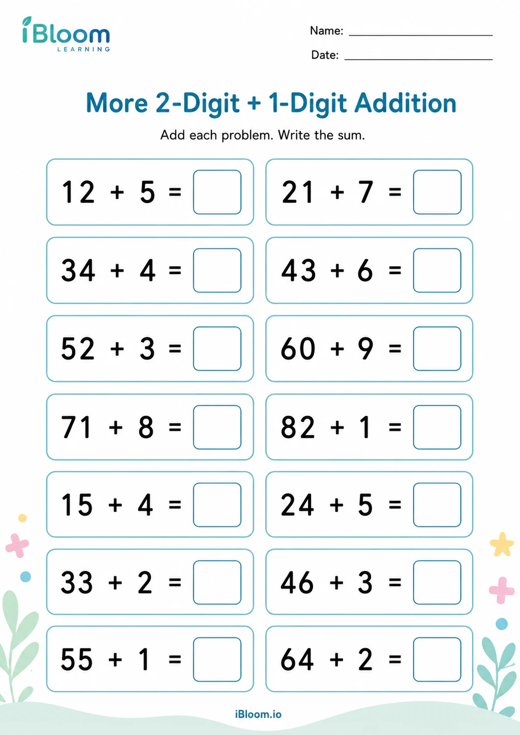 More 2-Digit + 1-Digit Addition Grade 1 worksheet preview